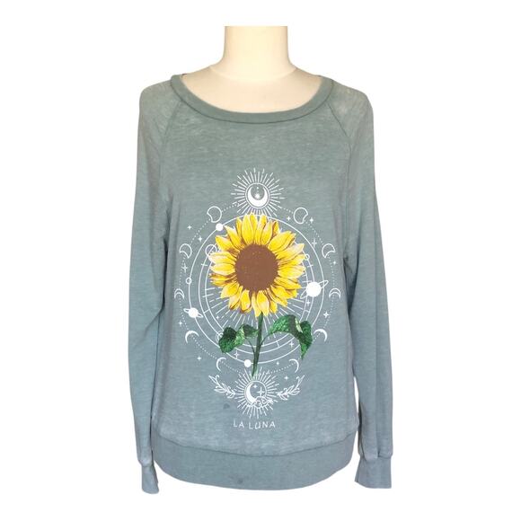 Miken Flow La Luna Sunflower Sweatshirt Gray Pullover Long Sleeve Women's Small - Picture 3 of 10
